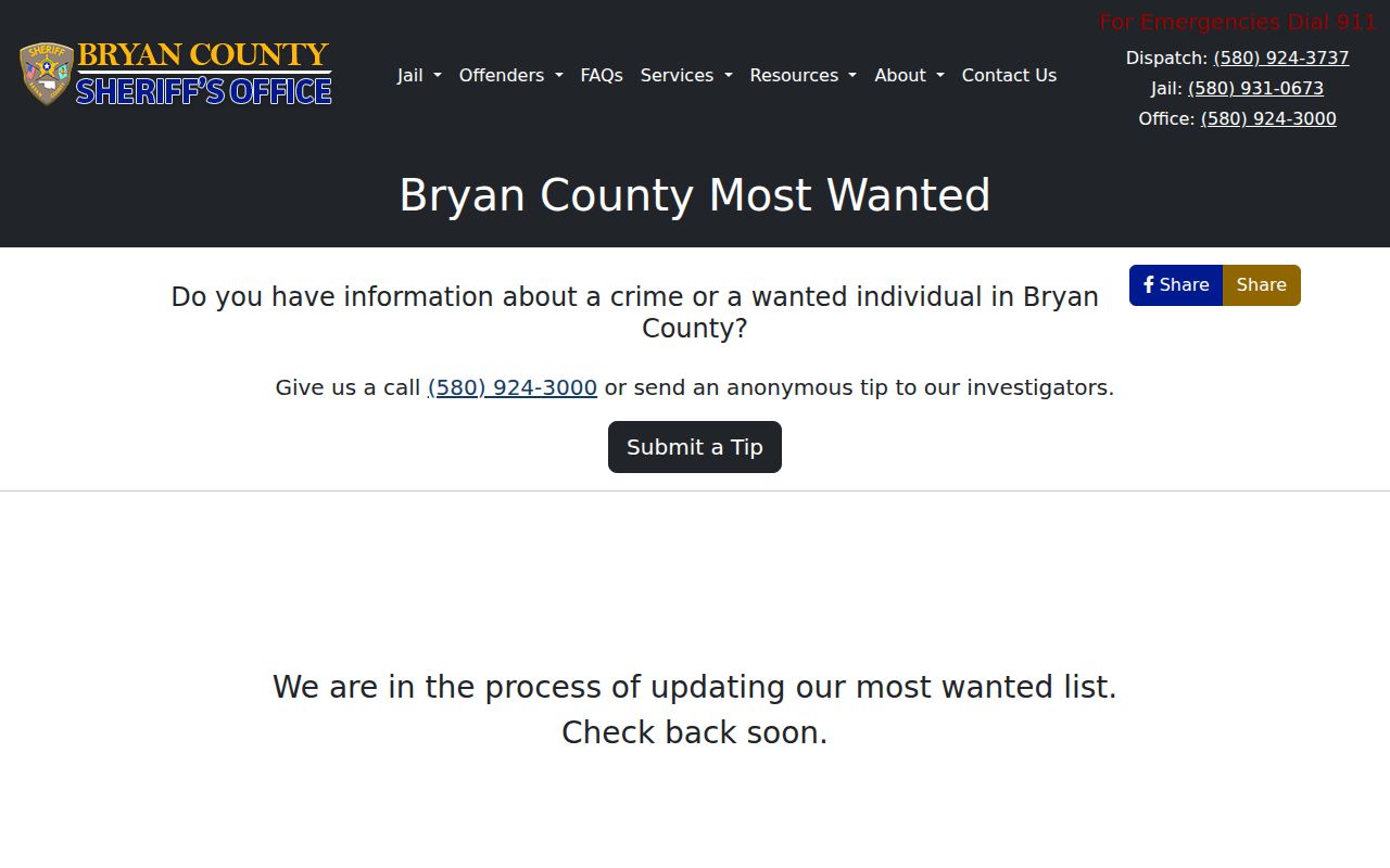 Bryan County official most wanted warrant record page