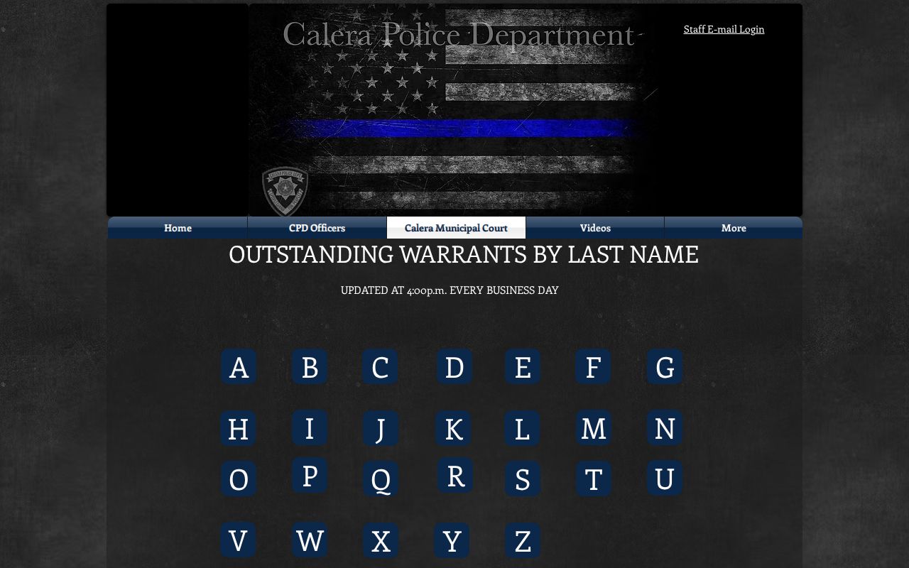 Calera Police municipal warrant record page in Bryan County