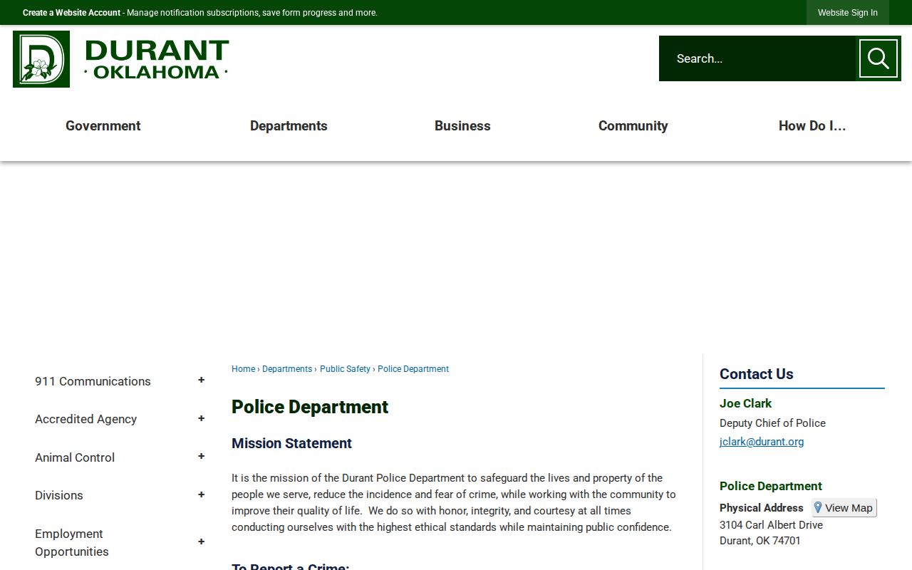 Durant Police Department arrest record source page in Bryan County